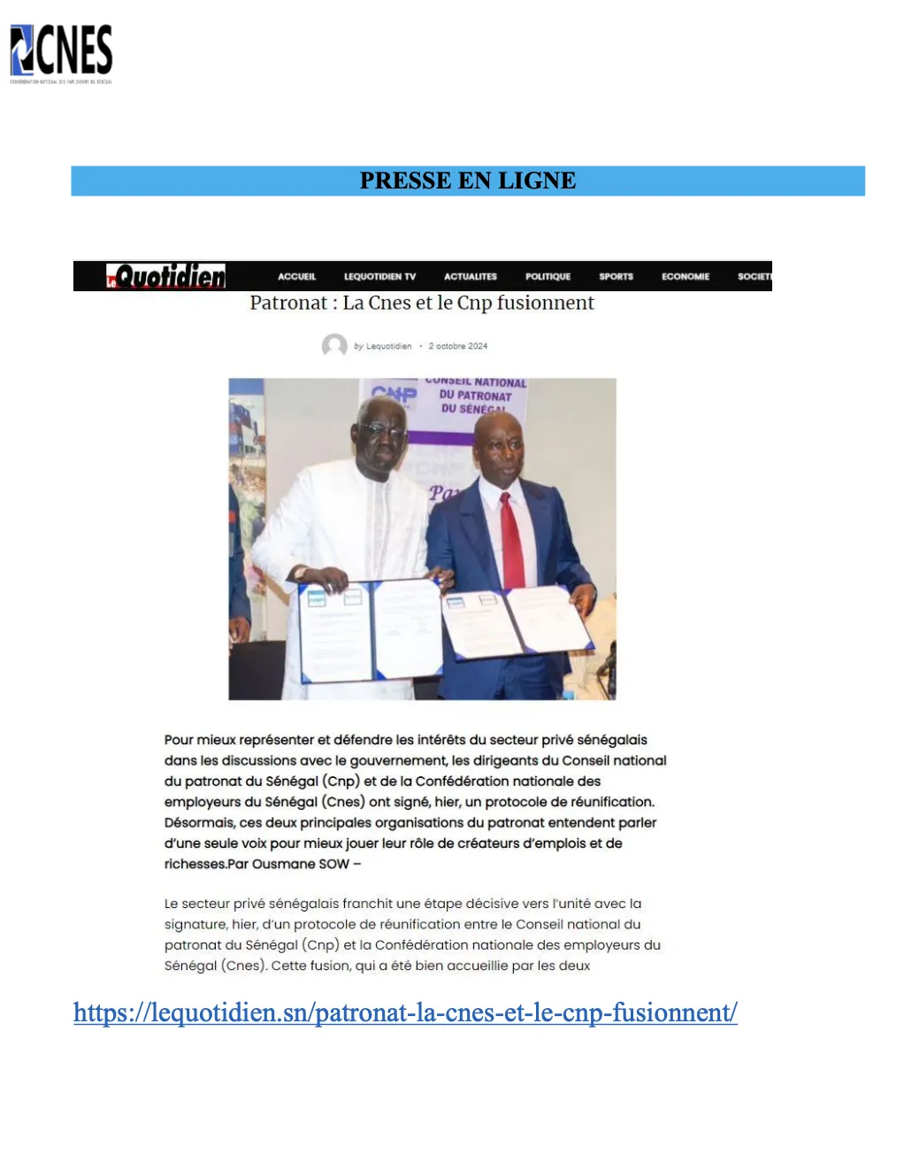 Revue de presse sur la cérémonie de signature de protocole du projet de Fusion CNES- CNP qui a eu lieu ce mardi 01 octobre à l’hotel Pullman