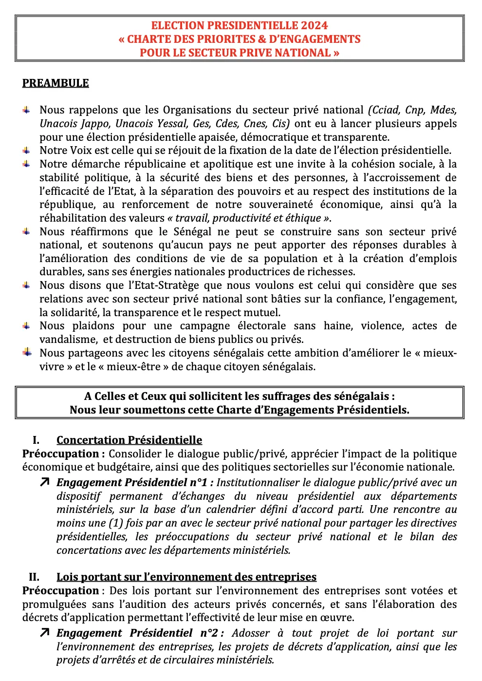 ELECTION PRESIDENTIELLE 2024 « CHARTE DES PRIORITES & D’ENGAGEMENTS POUR LE SECTEUR PRIVE NATIONAL »